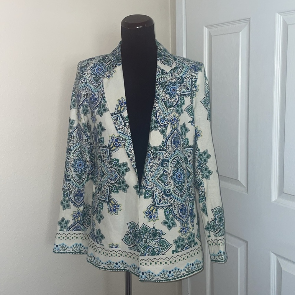 New Rachel Zoe Lightweight Floral Print Linen Classic Blazer Jacket